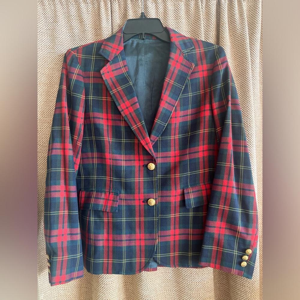Vintage all wool tartan jacket with real brass buttons, fits 4 to 8 depending